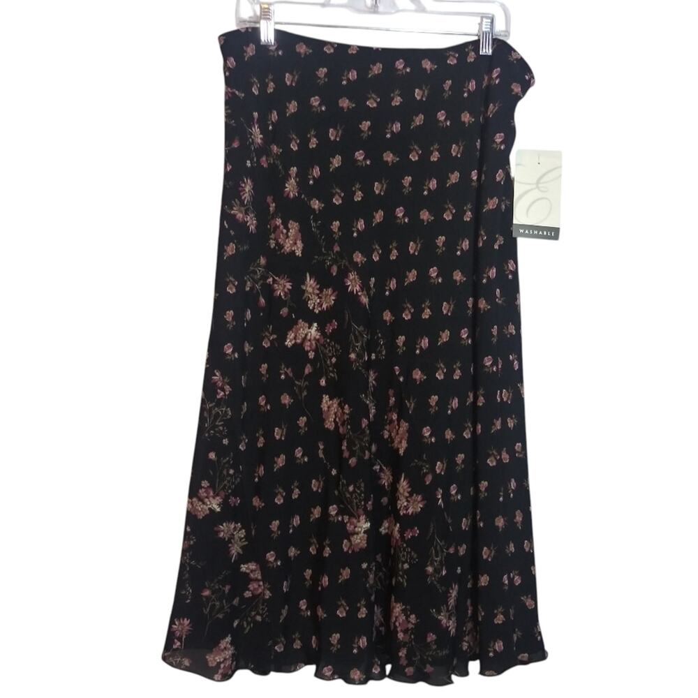Vintage Emma James Dark Romantic Floral Black and Pink Pull On Midi Skirt Sz 12